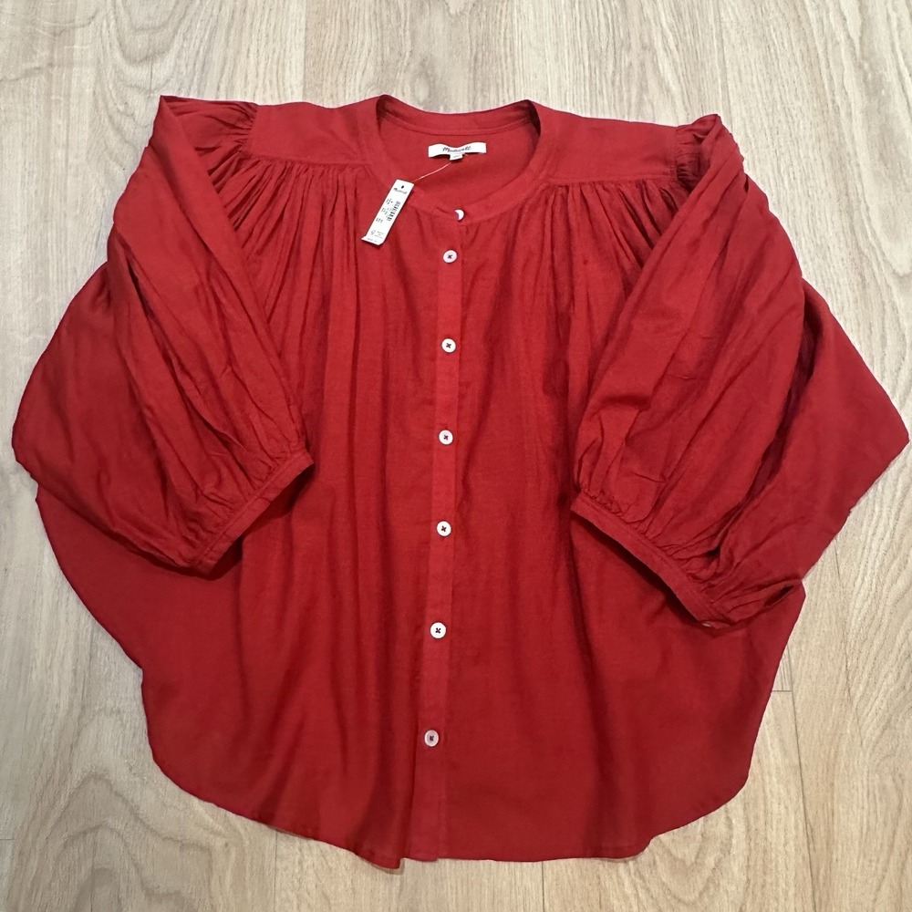 NWT Madewell Balloon Sleeve Top Blouse Lightweight Cotton Blend Cherry Red Sz M - Picture 2 of 9